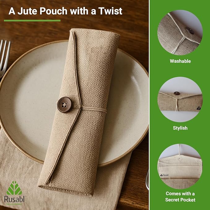 Rusabl Stainless Steel Cutlery Set | Reusable Travel Flatware for Daily Use, Gifting and Traveling (Spoon, Fork, Steel Straw, Straw Cleaner, Napkin in Beige Jute Pouch)