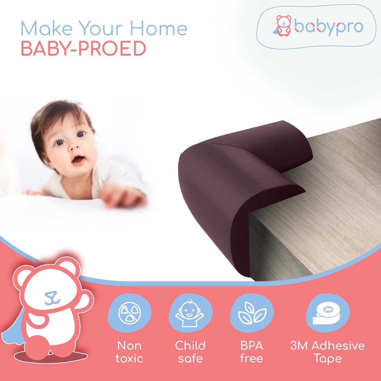 BabyPro BabyProofing Corner Guards (12mm, Pack of 12) with Strong Adhesive Tape by Certified Professional Childproofer for Covering Sharp Edges & Corners of Bed, Table & Furniture