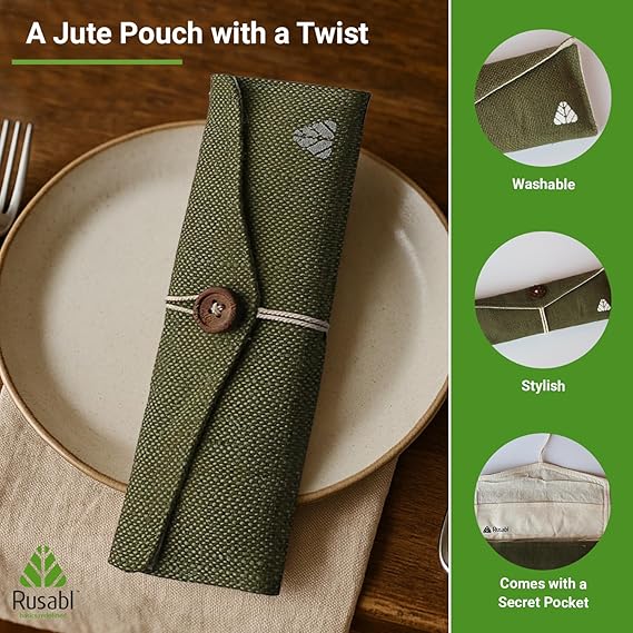 Rusabl Stainless Steel Cutlery Set Reusable Travel for Daily Use, Gifting and Traveling, Spoon and Fork Set (Spoon, Fork, Steel Straw, Cleaner, Napkin and Jute Pouch (Green)
