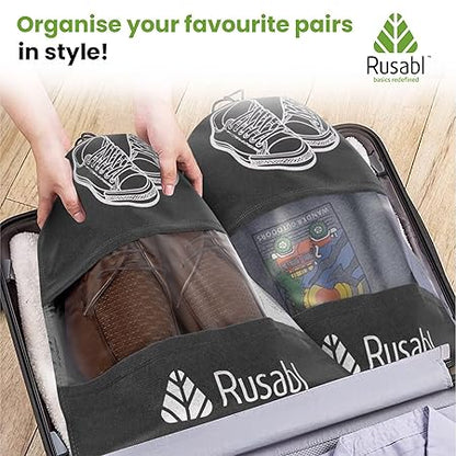 Rusabl Shoe Bag for Travel (Pack of 12, Black) Non Woven, See Through Window, Drawstring Closure, Travel Organiser Pouch for Women & Men Sports Shoes, Sandals, Slippers, Footwear Cover for Travelling