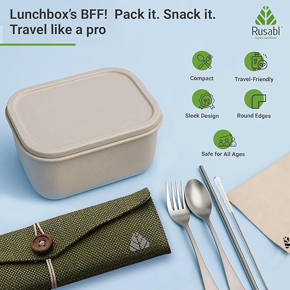 Rusabl Stainless Steel Cutlery Set Reusable Travel for Daily Use, Gifting and Traveling, Spoon and Fork Set (Spoon, Fork, Steel Straw, Cleaner, Napkin and Jute Pouch (Green)