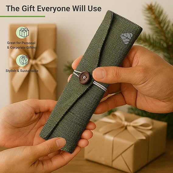 Rusabl Stainless Steel Cutlery Set Reusable Travel for Daily Use, Gifting and Traveling, Spoon and Fork Set (Spoon, Fork, Steel Straw, Cleaner, Napkin and Jute Pouch (Green)