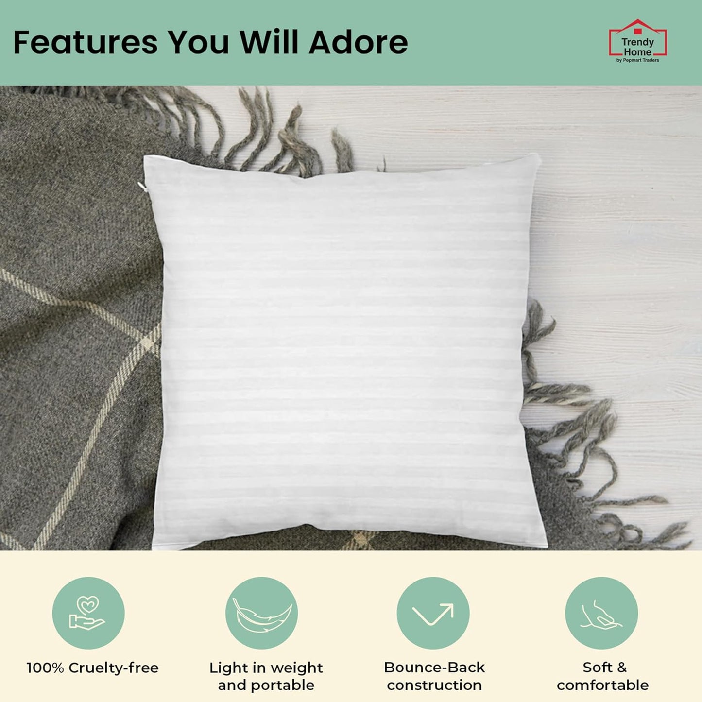 Trendy Home 16x16 Throw Pillow Insert (Set of 2, White) Bed and Couch Pillows Stuffer Hypoallergenic, Decorative Home Outdoor Sofa Pillow Filler