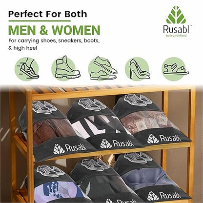 Rusabl Shoe Bag for Travel (Pack of 12, Black) Non Woven, See Through Window, Drawstring Closure, Travel Organiser Pouch for Women & Men Sports Shoes, Sandals, Slippers, Footwear Cover for Travelling