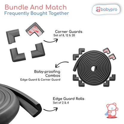 BabyPro BabyProofing Corner Guards (12mm, Pack of 12) with Strong Adhesive Tape by Certified Professional Childproofer for Covering Sharp Edges & Corners of Bed, Table & Furniture (Black)