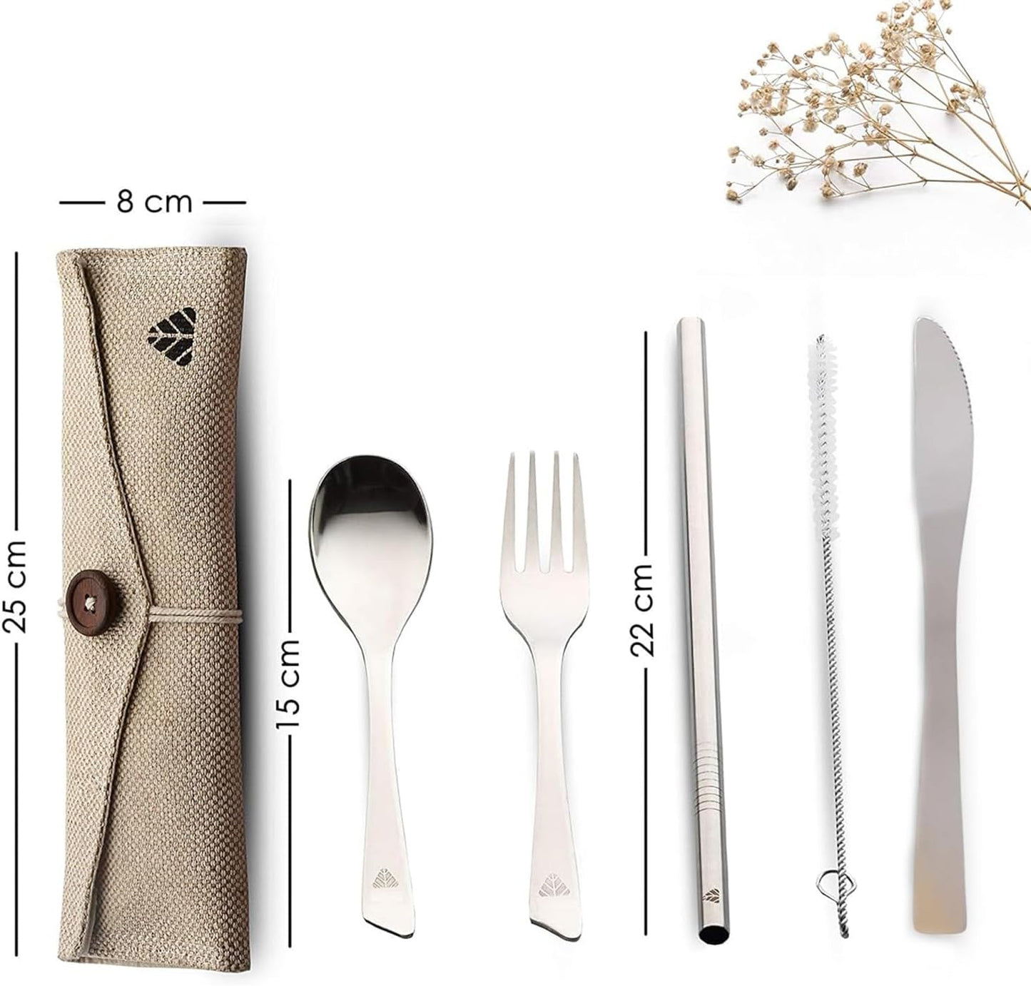 Rusabl Stainless Steel Cutlery Set | Reusable Travel Flatware for Daily Use, Gifting and Traveling (Spoon, Fork, Steel Straw, Straw Cleaner, Napkin in Beige Jute Pouch)