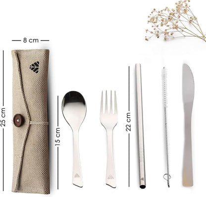Rusabl Stainless Steel Cutlery Set | Reusable Travel Flatware for Daily Use, Gifting and Traveling (Spoon, Fork, Steel Straw, Straw Cleaner, Napkin in Beige Jute Pouch)