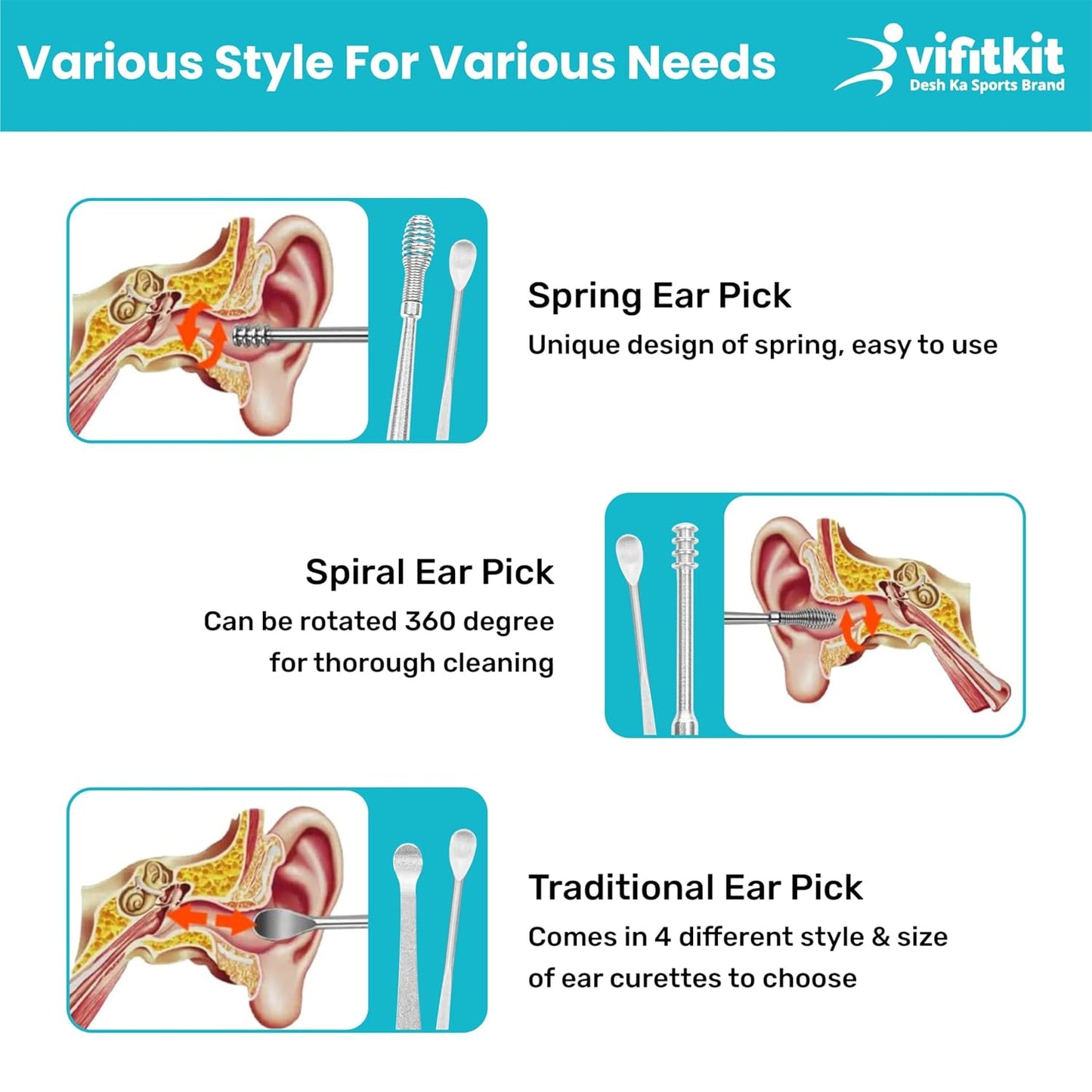 VFK by Trendy Home Ear Cleaning Kit Reusable Ear Wax Cleaner Tool Set with Storage Box - Ear Wax Remover Tool Kit with Ear Curette Cleaner and Spring Earbuds Cleaner (6 Pcs, Stainless Steel)