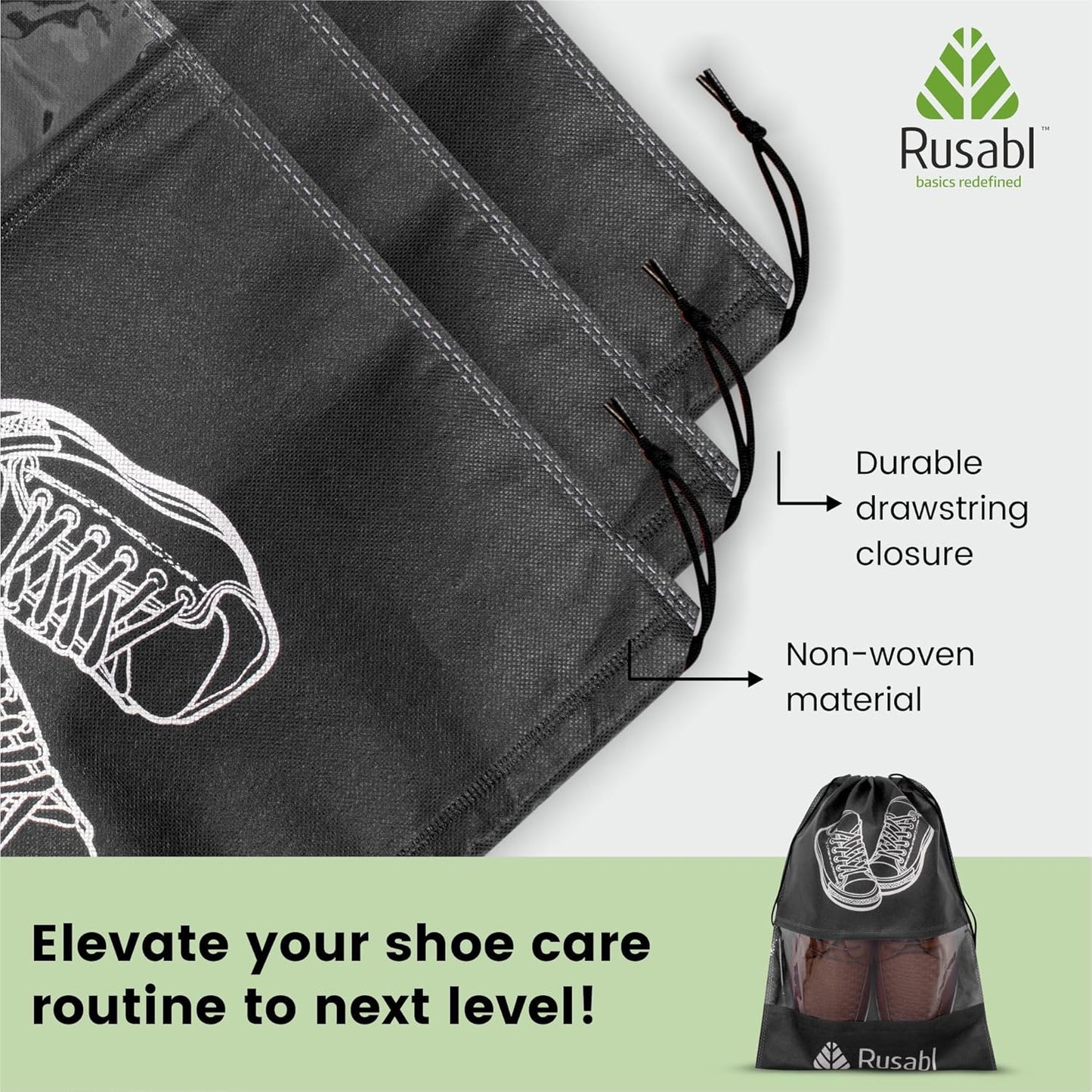 Rusabl Shoe Bag for Travel (Pack of 12, Black) Non Woven, See Through Window, Drawstring Closure, Travel Organiser Pouch for Women & Men Sports Shoes, Sandals, Slippers, Footwear Cover for Travelling