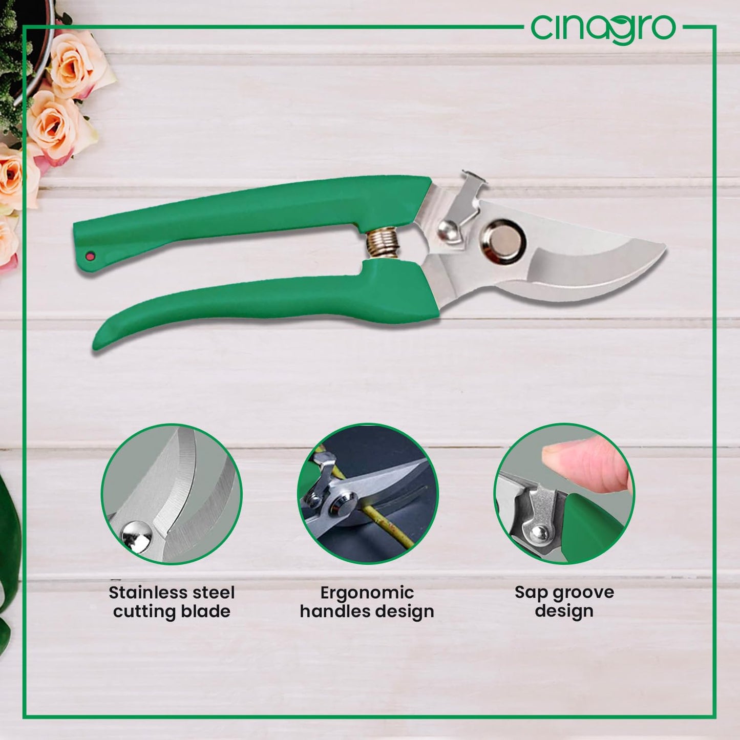 Cinagro Titanium Gardening Plant Cutter with 2 cm Branch Cutting Capacity, Safety Lock, Steel Spring Mechanism, Non-Slip Grip, Ergonomic Design, Pruner Shear for Plants, Branches & Grass