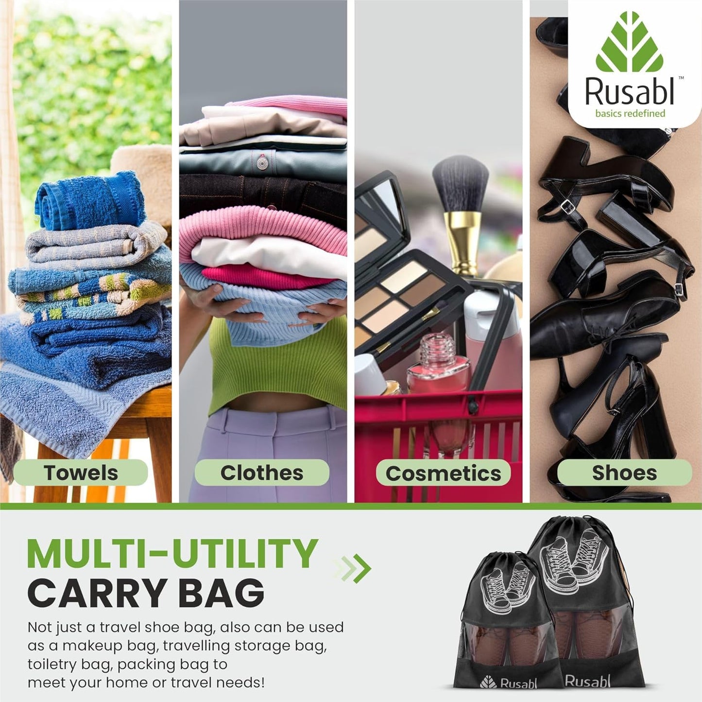 Rusabl Shoe Bag for Travel (Pack of 12, Black) Non Woven, See Through Window, Drawstring Closure, Travel Organiser Pouch for Women & Men Sports Shoes, Sandals, Slippers, Footwear Cover for Travelling