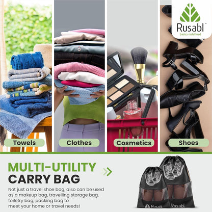 Rusabl Shoe Bag for Travel (Pack of 12, Black) Non Woven, See Through Window, Drawstring Closure, Travel Organiser Pouch for Women & Men Sports Shoes, Sandals, Slippers, Footwear Cover for Travelling