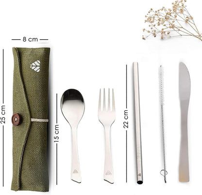 Rusabl Stainless Steel Cutlery Set Reusable Travel for Daily Use, Gifting and Traveling, Spoon and Fork Set (Spoon, Fork, Steel Straw, Cleaner, Napkin and Jute Pouch (Green)