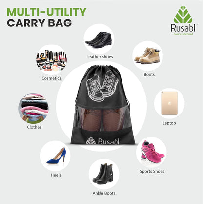 Rusabl Shoe Bag for Travel (Pack of 12, Black) Non Woven, See Through Window, Drawstring Closure, Travel Organiser Pouch for Women & Men Sports Shoes, Sandals, Slippers, Footwear Cover for Travelling