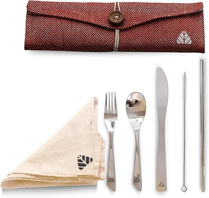 Rusabl Stainless Steel Cutlery Set Reusable Travel for Daily Use, Gifting and Traveling, Spoon and Fork Set (Spoon, Fork, Steel Straw, Cleaner, Napkin and Jute Pouch (Red)