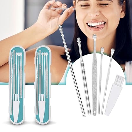 VFK by Trendy Home Ear Cleaning Kit Reusable Ear Wax Cleaner Tool Set with Storage Box - Ear Wax Remover Tool Kit with Ear Curette Cleaner and Spring Earbuds Cleaner (6 Pcs, Stainless Steel)