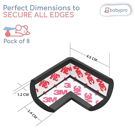 BabyPro BabyProofing Corner Guards (12mm, Pack of 12) with Strong Adhesive Tape by Certified Professional Childproofer for Covering Sharp Edges & Corners of Bed, Table & Furniture (Black)