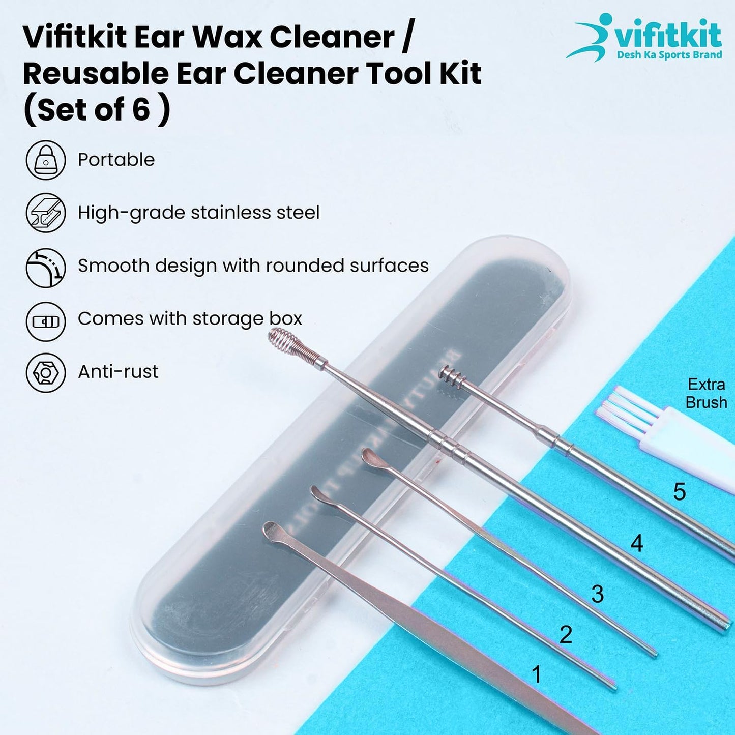 VFK by Trendy Home Ear Cleaning Kit Reusable Ear Wax Cleaner Tool Set with Storage Box - Ear Wax Remover Tool Kit with Ear Curette Cleaner and Spring Earbuds Cleaner (6 Pcs, Stainless Steel)
