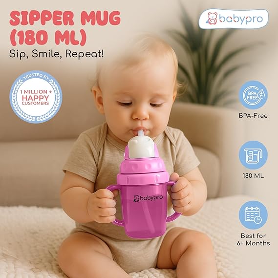 BabyPro Sipper Mug with Straw 180ML Spill-Proof, for Babies 6+ Months Age, for Water, Juice, Easy-Grip Handles, BPA-Free, Non-Toxic, Polypropylene, Easy to Clean, Safe Drinkware Cute & Durable