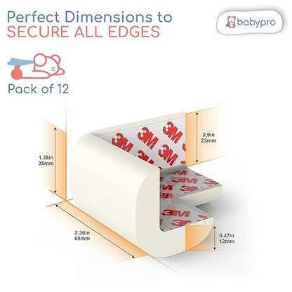 BabyPro BabyProofing Corner Guards (12mm, Pack of 12) with Strong Adhesive Tape by Certified Professional Childproofer for Covering Sharp Edges & Corners of Bed, Table & Furniture