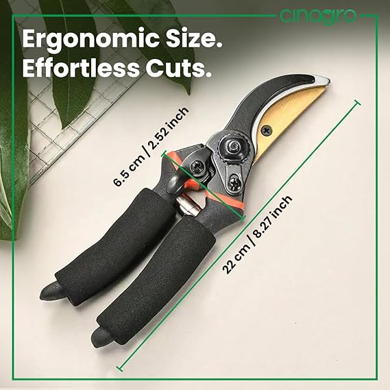 Cinagro Titanium Gardening Plant Cutter with 2 cm Branch Cutting Capacity, Safety Lock, Steel Spring Mechanism, Non-Slip Grip, Ergonomic Design, Pruner Shear for Plants, Branches & Grass