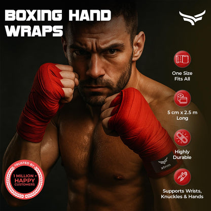 Xtrim Boxing Hand Wraps for Men & Women, Set of 2, 5cm x 2.5m, Polyester Cotton Blend, Wrist Support for MMA, Boxing, Muay Thai, Kickboxing, Velcro Closure, Training Accessories