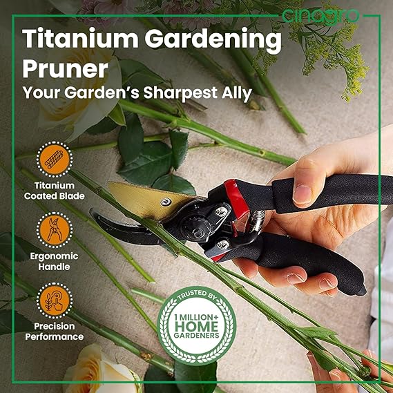 Cinagro Titanium Gardening Plant Cutter with 2 cm Branch Cutting Capacity, Safety Lock, Steel Spring Mechanism, Non-Slip Grip, Ergonomic Design, Pruner Shear for Plants, Branches & Grass