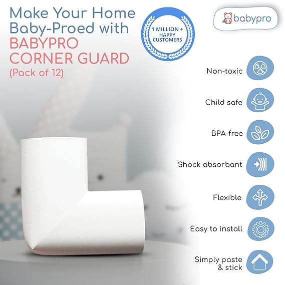 BabyPro BabyProofing Corner Guards (12mm, Pack of 12) with Strong Adhesive Tape by Certified Professional Childproofer for Covering Sharp Edges & Corners of Bed, Table & Furniture