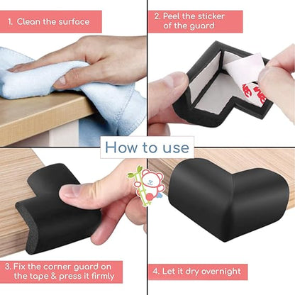 BabyPro BabyProofing Corner Guards (12mm, Pack of 12) with Strong Adhesive Tape by Certified Professional Childproofer for Covering Sharp Edges & Corners of Bed, Table & Furniture (Black)