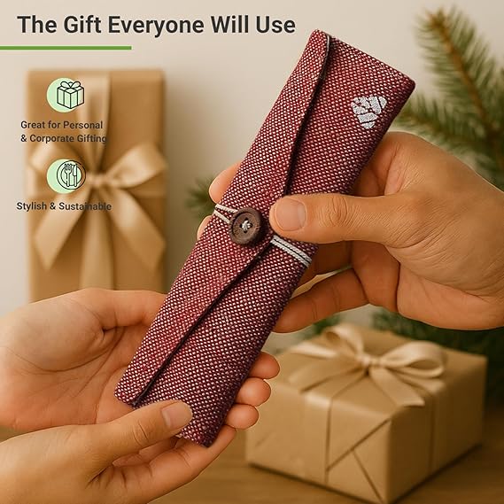 Rusabl Stainless Steel Cutlery Set Reusable Travel for Daily Use, Gifting and Traveling, Spoon and Fork Set (Spoon, Fork, Steel Straw, Cleaner, Napkin and Jute Pouch (Red)