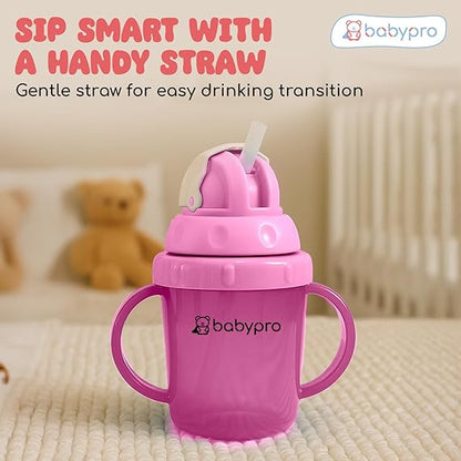 BabyPro Sipper Mug with Straw 180ML Spill-Proof, for Babies 6+ Months Age, for Water, Juice, Easy-Grip Handles, BPA-Free, Non-Toxic, Polypropylene, Easy to Clean, Safe Drinkware Cute & Durable