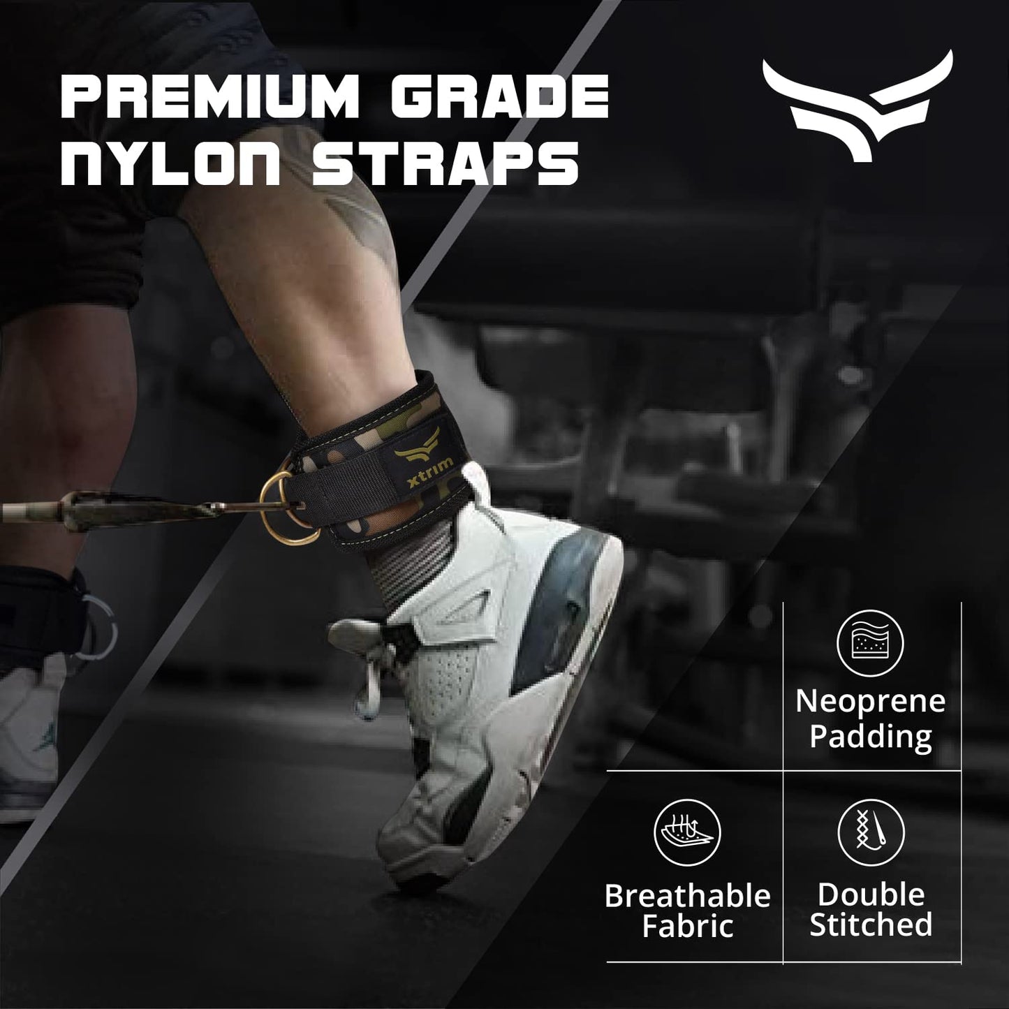 XTRIM Durafit Unisex Stylish Ankle Straps with Metal D-Rings for Cable Machine, Kickbacks and Glutes Workouts, Adjustable Ankle Straps, Curls & Hip Abductors with Padded Neoprene Support