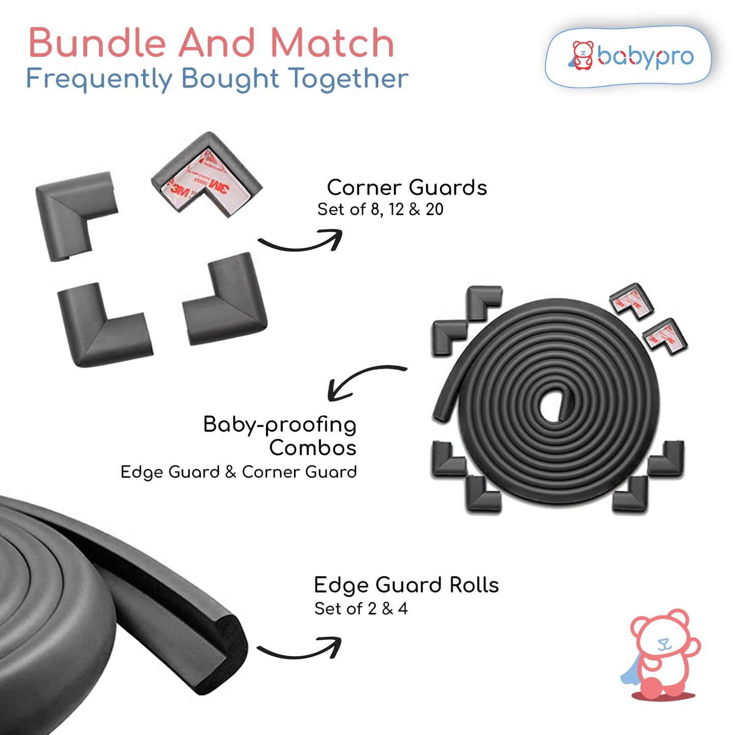 BabyPro BabyProofing Corner Guards (12mm, Pack of 12) with Strong Adhesive Tape by Certified Professional Childproofer for Covering Sharp Edges & Corners of Bed, Table & Furniture (Black)