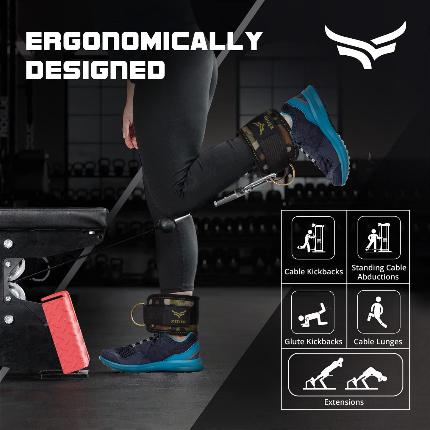 XTRIM Durafit Unisex Stylish Ankle Straps with Metal D-Rings for Cable Machine, Kickbacks and Glutes Workouts, Adjustable Ankle Straps, Curls & Hip Abductors with Padded Neoprene Support