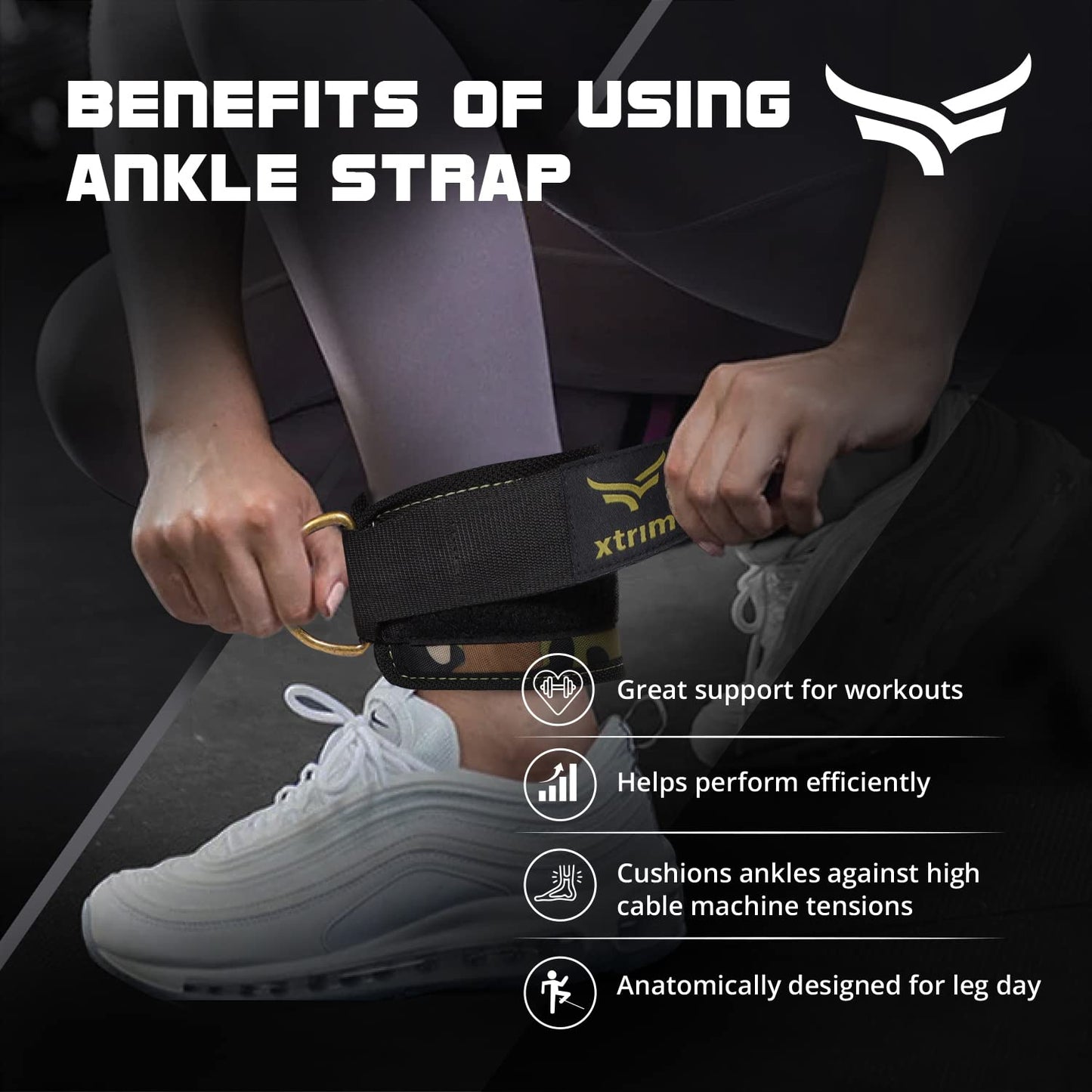 XTRIM Durafit Unisex Stylish Ankle Straps with Metal D-Rings for Cable Machine, Kickbacks and Glutes Workouts, Adjustable Ankle Straps, Curls & Hip Abductors with Padded Neoprene Support