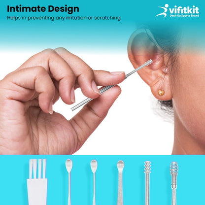 VFK by Trendy Home Ear Cleaning Kit Reusable Ear Wax Cleaner Tool Set with Storage Box - Ear Wax Remover Tool Kit with Ear Curette Cleaner and Spring Earbuds Cleaner (6 Pcs, Stainless Steel)