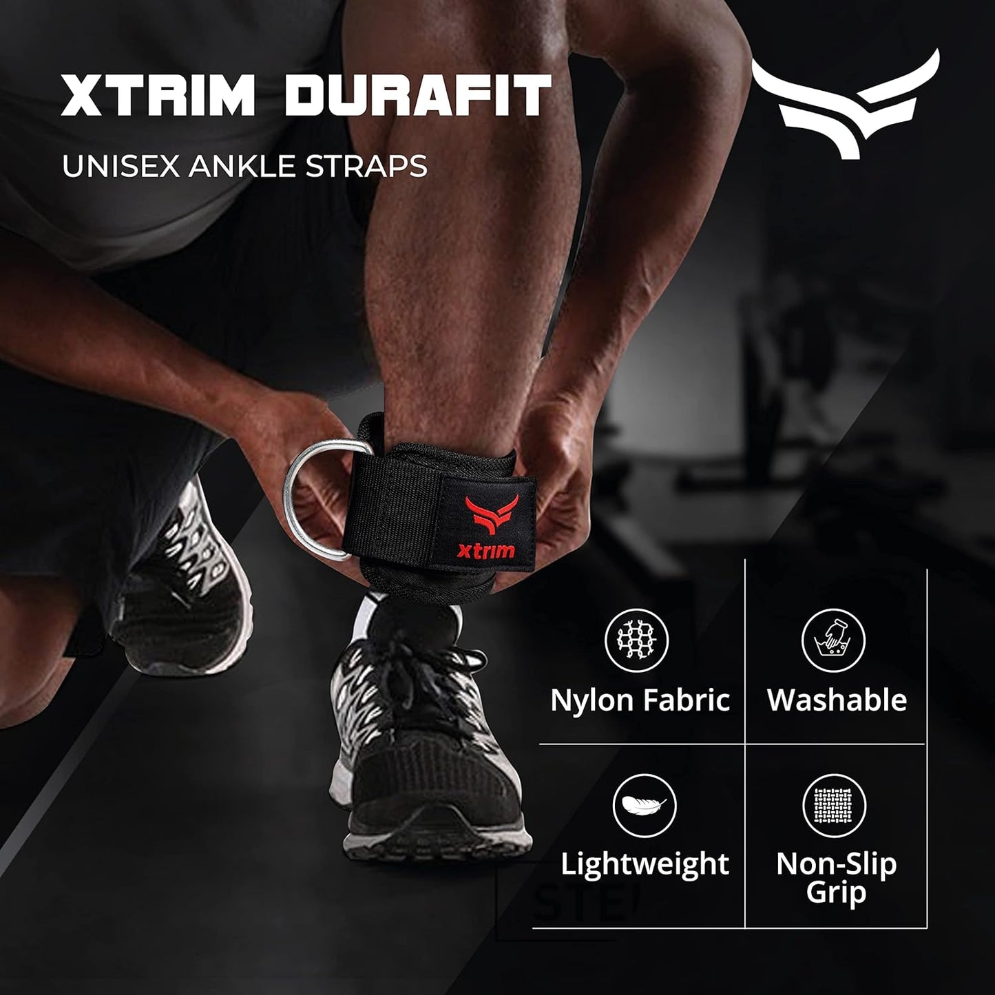 XTRIM Durafit Unisex Stylish Ankle Straps with Metal D-Rings for Cable Machine, Kickbacks and Glutes Workouts, Adjustable Ankle Straps, Curls & Hip Abductors with Padded Neoprene Support