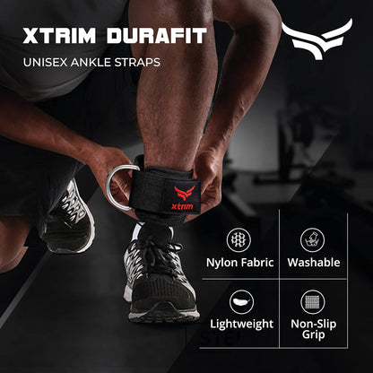 XTRIM Durafit Unisex Stylish Ankle Straps with Metal D-Rings for Cable Machine, Kickbacks and Glutes Workouts, Adjustable Ankle Straps, Curls & Hip Abductors with Padded Neoprene Support