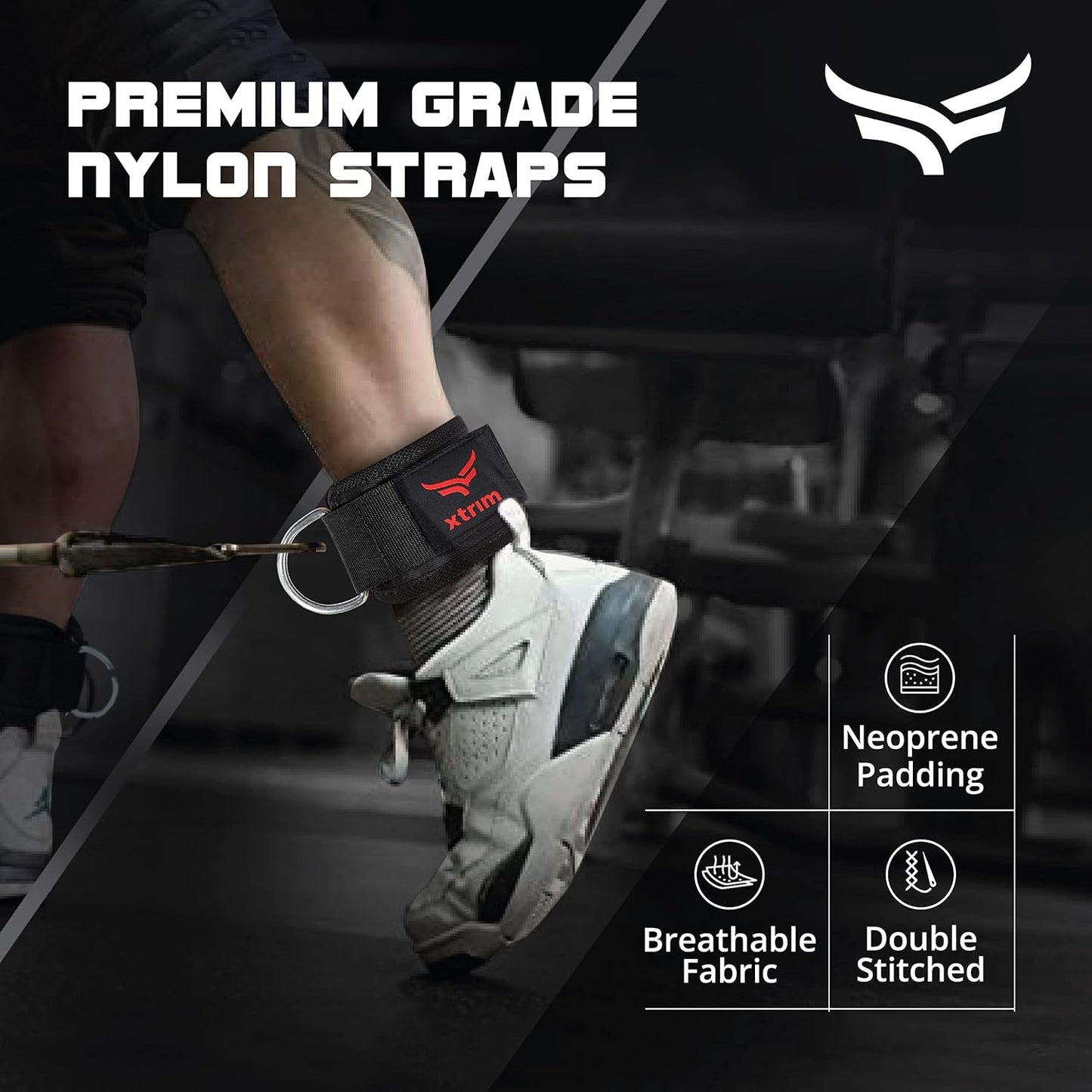 XTRIM Durafit Unisex Stylish Ankle Straps with Metal D-Rings for Cable Machine, Kickbacks and Glutes Workouts, Adjustable Ankle Straps, Curls & Hip Abductors with Padded Neoprene Support