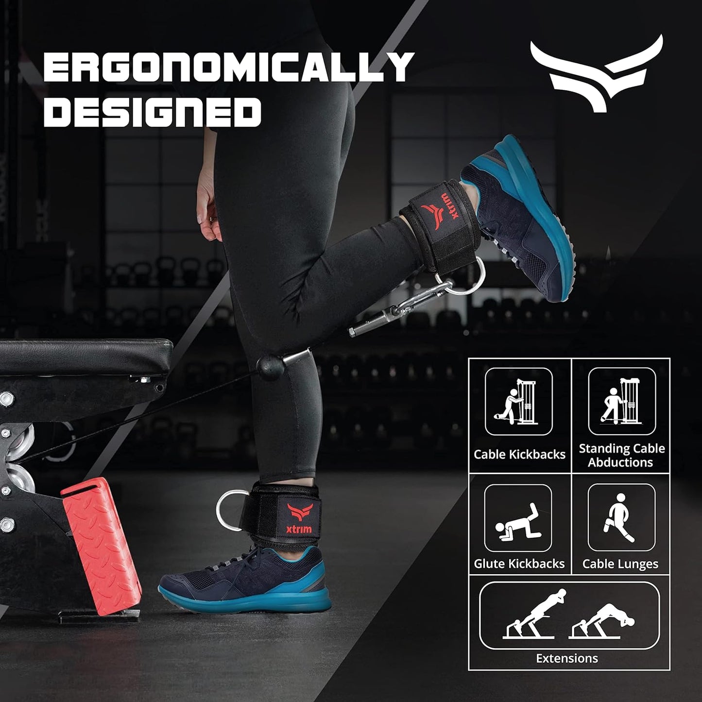 XTRIM Durafit Unisex Stylish Ankle Straps with Metal D-Rings for Cable Machine, Kickbacks and Glutes Workouts, Adjustable Ankle Straps, Curls & Hip Abductors with Padded Neoprene Support