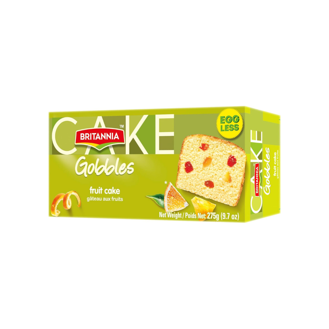 Britannia Gobbles Eggless Fruit Cake | Soft & Delicious Tea Snack with Rich Fruit Bits Perfect for Breakfast & Tea Time 9.7oz (275g) Pack of 1