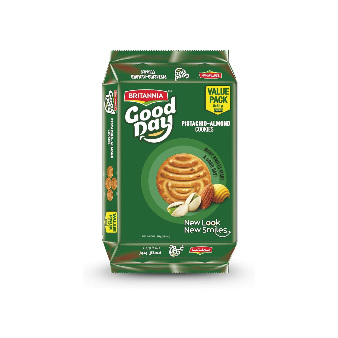 Britannia Good Day Pistachio Almond Cookies | Each Nutty & Crunchy Tea-Time Snack Perfect for Breakfast or Anytime Treat (12X8X81G)