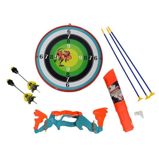FUNFY Foldable Dino Theme Bow, Arrow and Dart Board Set Toy | Multicolor | Indoor/Outdoor Archery | Perfect for On-the-go Adventures or Backyard Battles and Birthday Gifting for Kids
