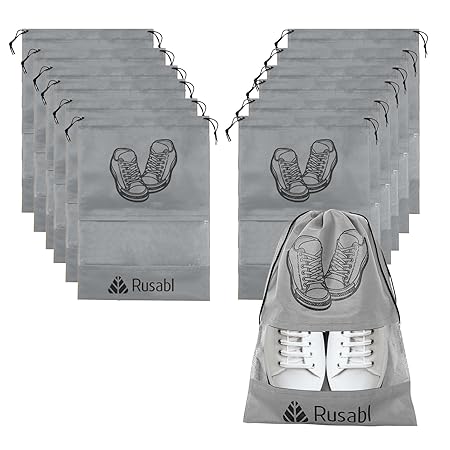 Rusabl Shoe Bag for Travel (Pack of 12, Black) Non Woven, See Through Window, Drawstring Closure, Travel Organiser Pouch for Women & Men Sports Shoes, Sandals, Slippers, Footwear Cover for Travelling