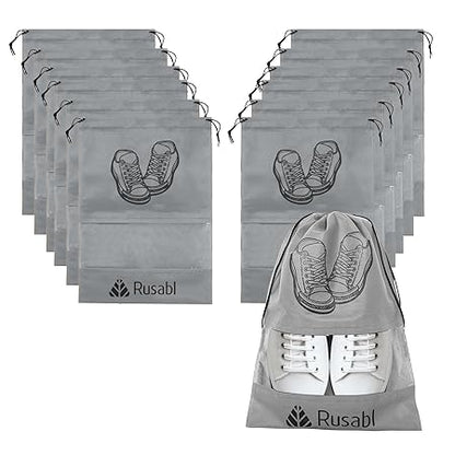 Rusabl Shoe Bag for Travel (Pack of 12, Black) Non Woven, See Through Window, Drawstring Closure, Travel Organiser Pouch for Women & Men Sports Shoes, Sandals, Slippers, Footwear Cover for Travelling