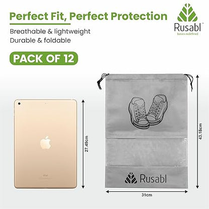 Rusabl Shoe Bag for Travel (Pack of 12, Black) Non Woven, See Through Window, Drawstring Closure, Travel Organiser Pouch for Women & Men Sports Shoes, Sandals, Slippers, Footwear Cover for Travelling