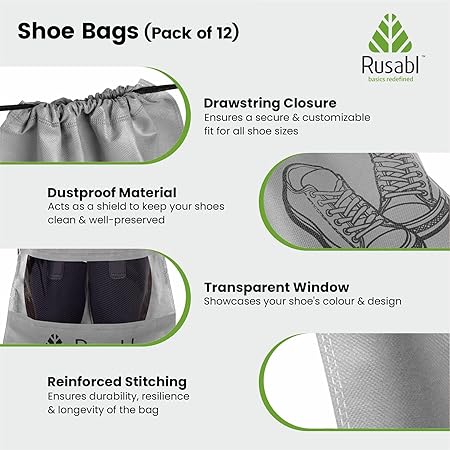 Rusabl Shoe Bag for Travel (Pack of 12, Black) Non Woven, See Through Window, Drawstring Closure, Travel Organiser Pouch for Women & Men Sports Shoes, Sandals, Slippers, Footwear Cover for Travelling