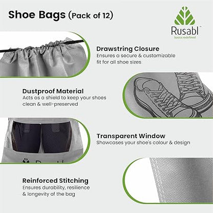 Rusabl Shoe Bag for Travel (Pack of 12, Black) Non Woven, See Through Window, Drawstring Closure, Travel Organiser Pouch for Women & Men Sports Shoes, Sandals, Slippers, Footwear Cover for Travelling