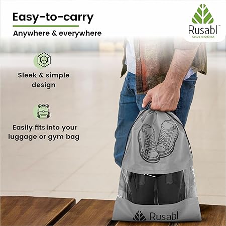Rusabl Shoe Bag for Travel (Pack of 12, Black) Non Woven, See Through Window, Drawstring Closure, Travel Organiser Pouch for Women & Men Sports Shoes, Sandals, Slippers, Footwear Cover for Travelling