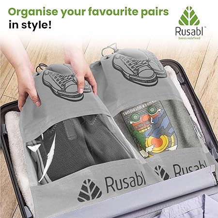 Rusabl Shoe Bag for Travel (Pack of 12, Black) Non Woven, See Through Window, Drawstring Closure, Travel Organiser Pouch for Women & Men Sports Shoes, Sandals, Slippers, Footwear Cover for Travelling